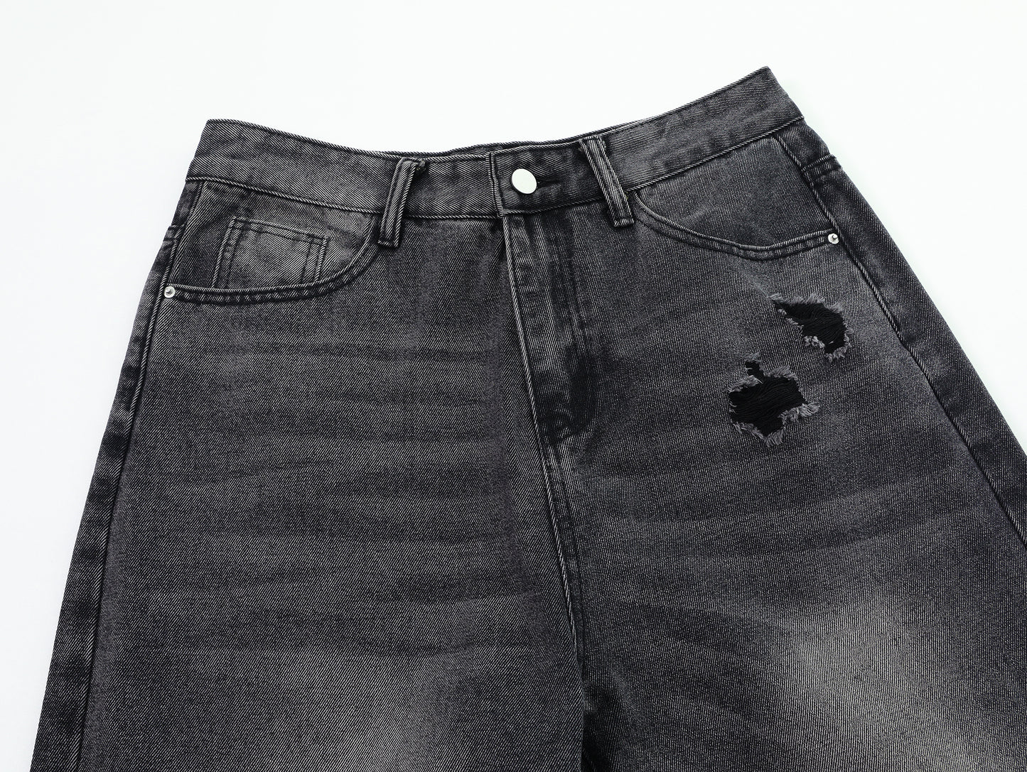 Distressed Ripped Wide Leg Jeans High Waist Washed Black Sandy Fade Black Patch Pocket Streetwear Denim Trousers | Void Rip