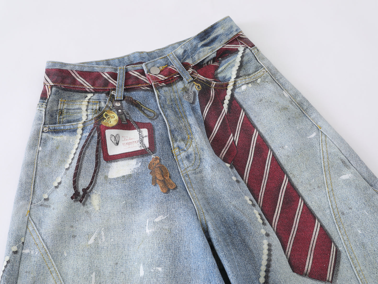 Paint Splatter Balloon Wide Leg Jeans Striped Tie Pearl Chain Charm High Waist Baggy Distressed Denim Pants Streetwear Trousers | Tie Pearl