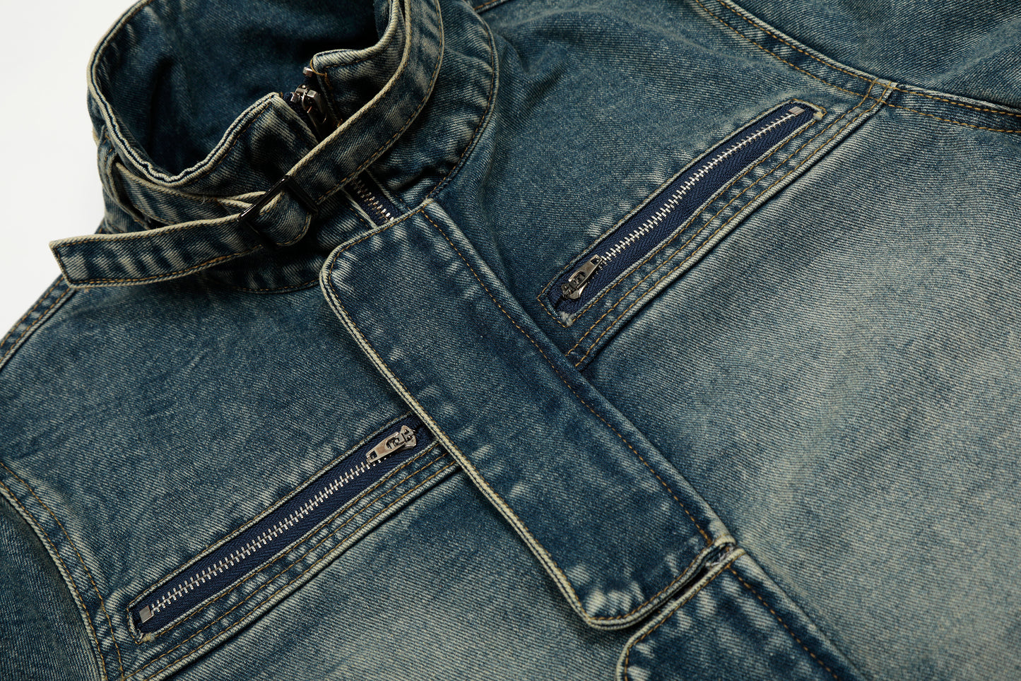 Stand Collar Zip Denim Jacket Washed Vintage Streetwear Oversized Y2K Casual Moto Coat | Indigo Moto