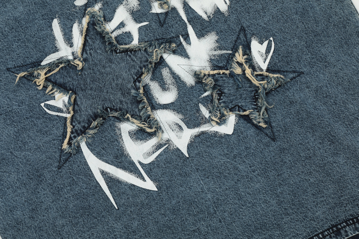 Distressed Star Patch Graffiti Washed Denim Tee Oversized Short Sleeve Hip Hop Streetwear Y2K Vintage Graphic T-Shirt | Star Grunge