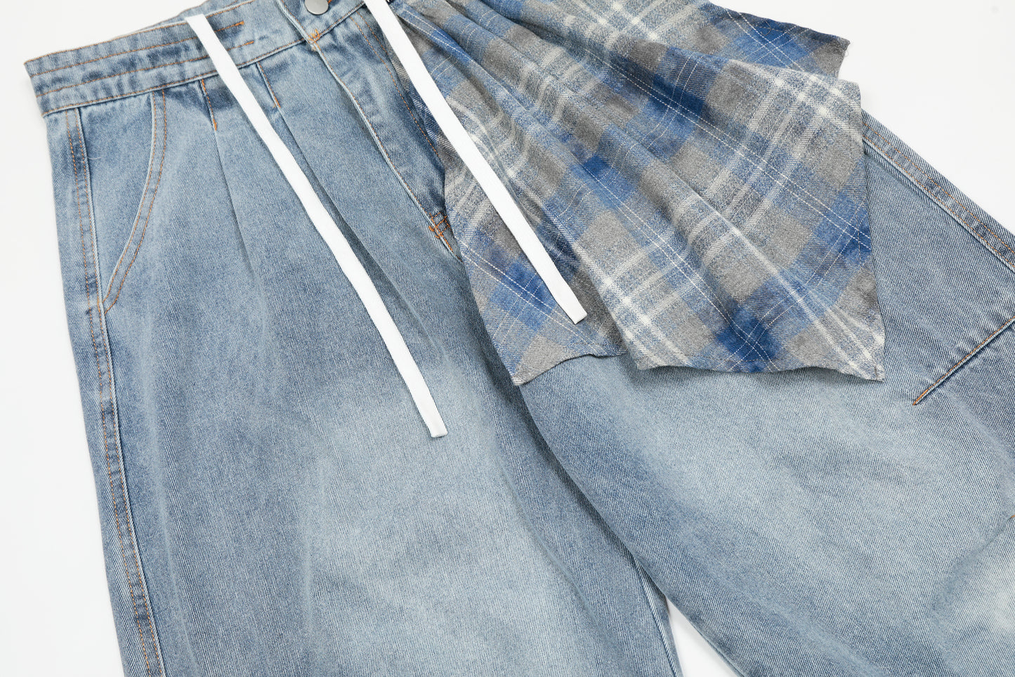 Plaid Scarf Waist Tie Drawstring Wide Leg Jeans Cargo Pocket Hem Slit Baggy Denim Y2K Streetwear