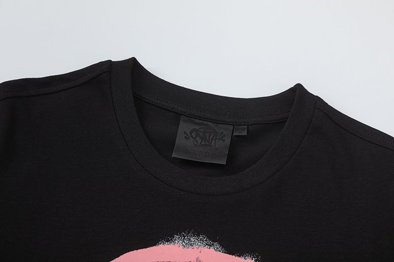Black unisex graphic T-shirt with pink and white masked face print, crew neck, and short sleeves - view 9