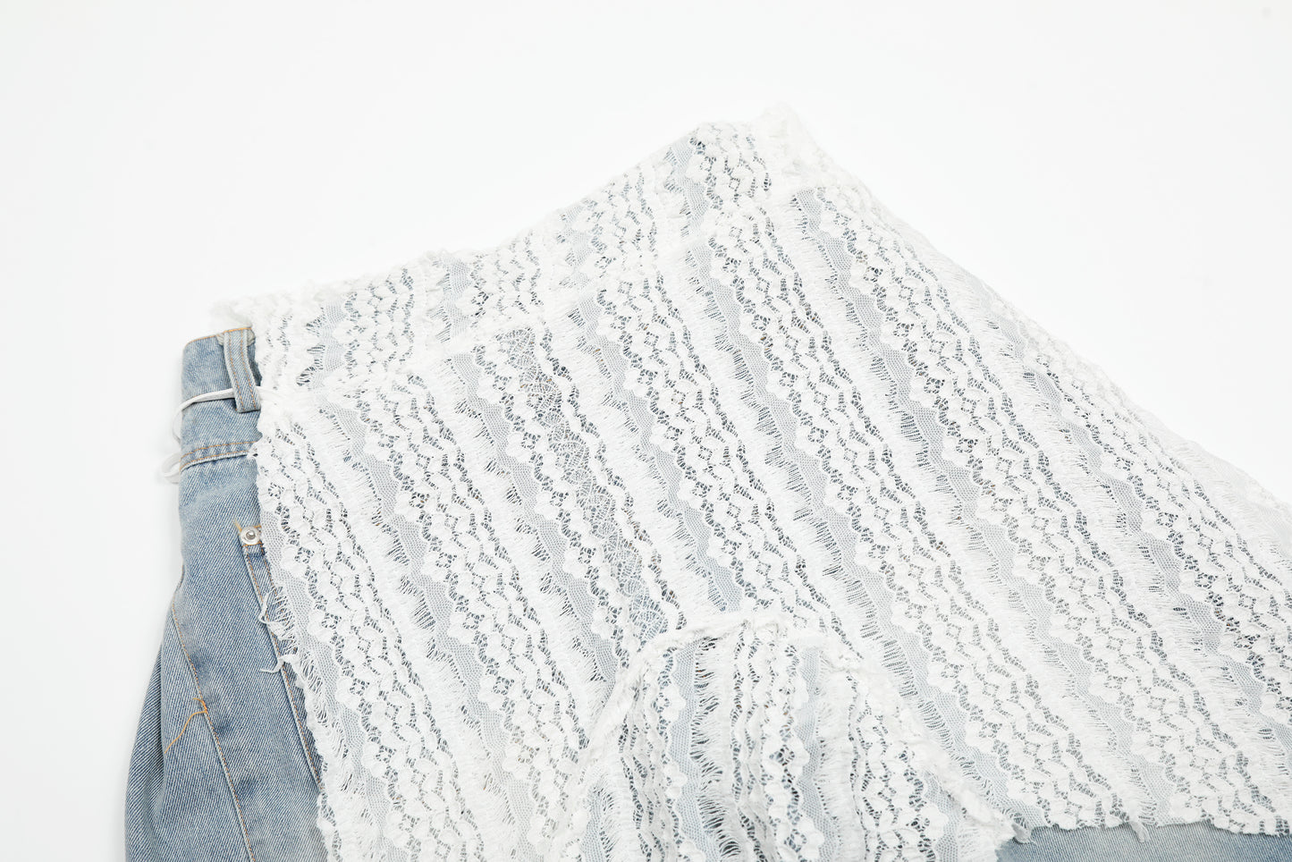 White Lace Crochet Patchwork Wide Leg Jeans Asymmetric Tie Waist Light Wash Denim Romantic Y2K