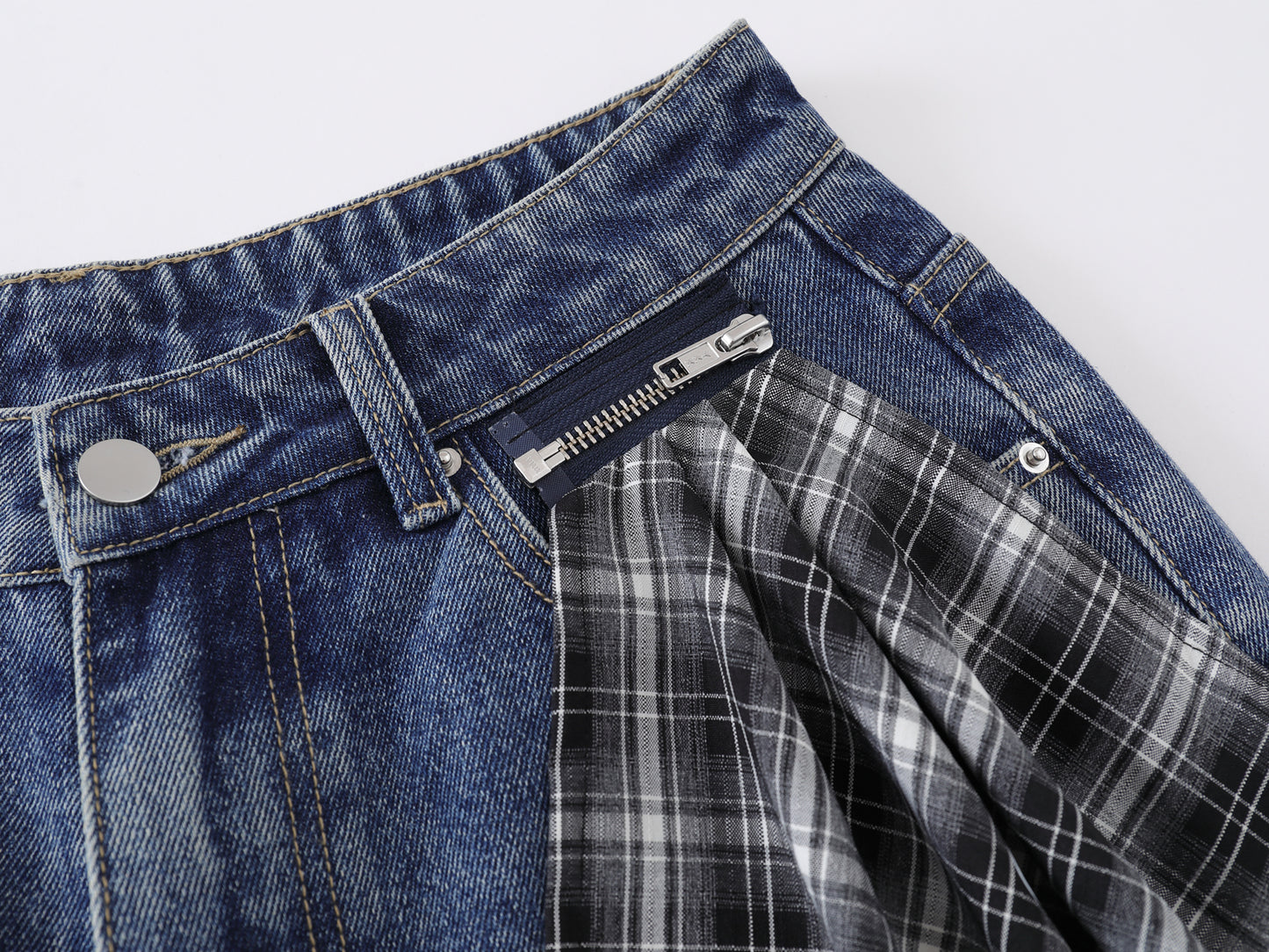 Cartoon Sticker Print Wide Leg Denim Shorts Plaid Handkerchief Waist Detail High Waist Casual Streetwear Baggy Jean Shorts | Sticker Hanky