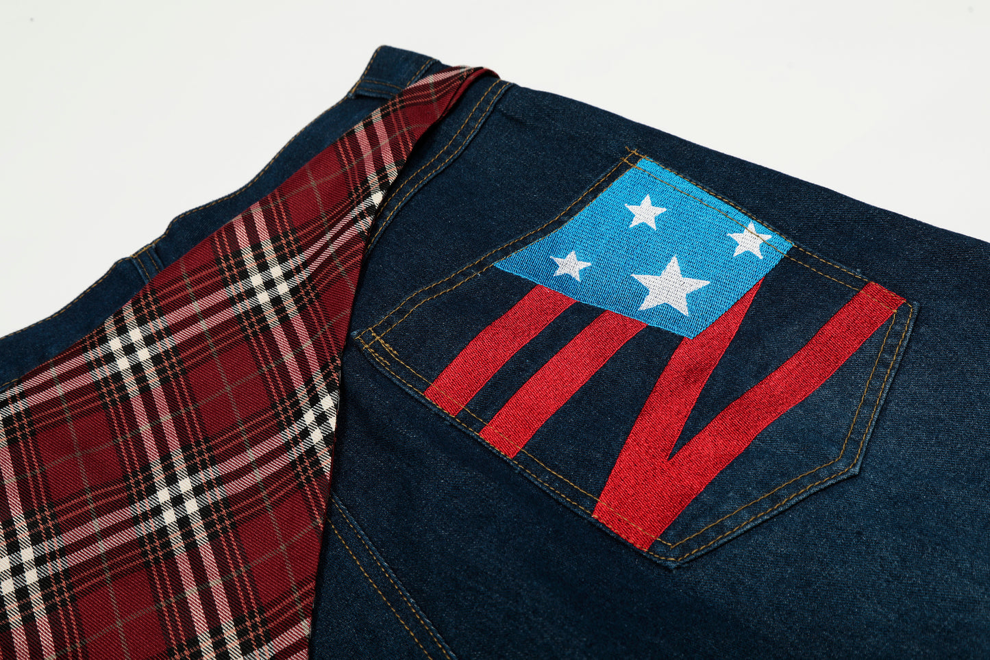 Women's Red Plaid Triangle Patchwork Waist Z American Flag Embroidery Balloon Wide Leg Denim Jeans High Waist Y2K Streetwear Baggy Jean Pants