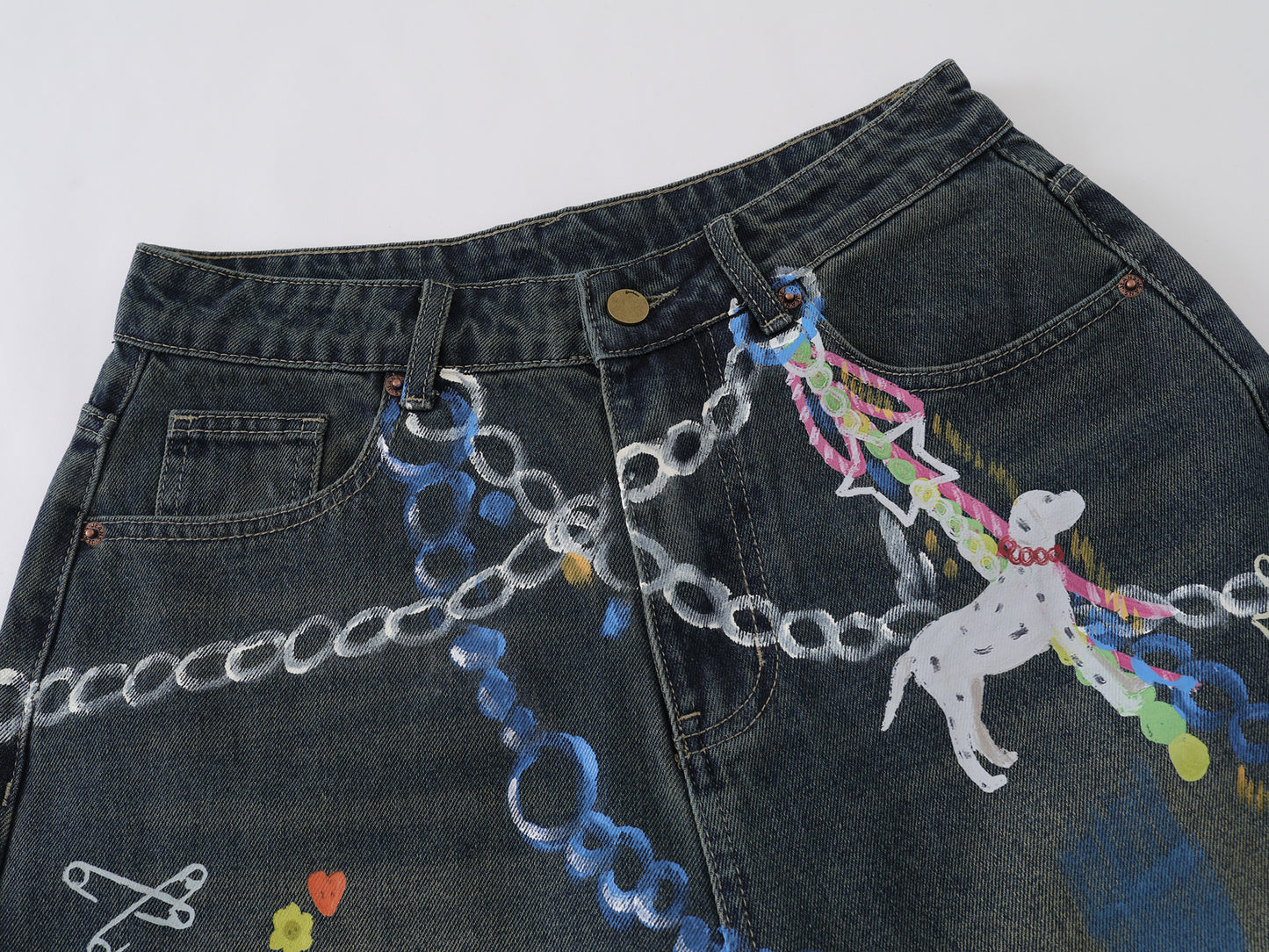 Chain Graphic Print Denim Shorts Wide Leg High Waist Washed Dalmatian Dog Charm Streetwear Summer Casual Jean Shorts | Chain Pup