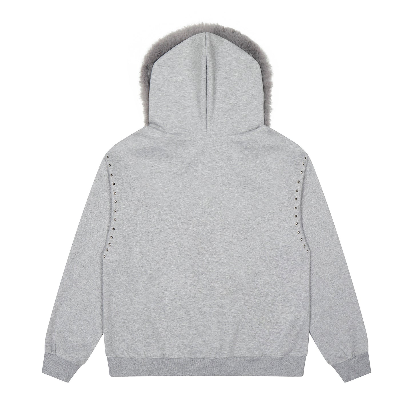 Faux Fur Hood Studded Half Zip Hoodie - Gray Front Close-up