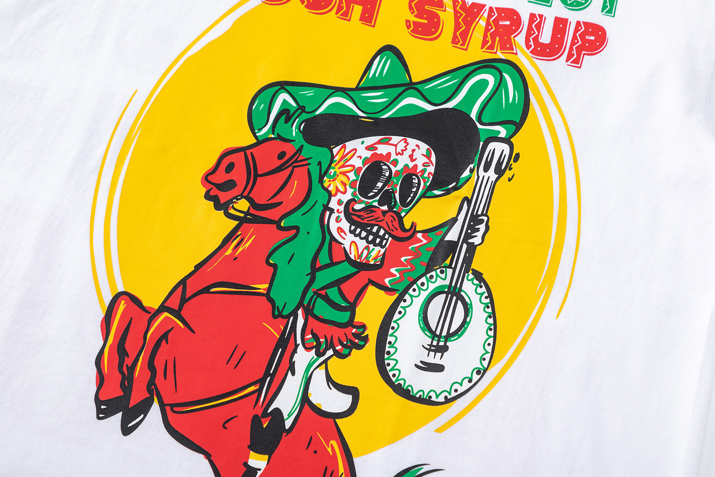 White graphic T-shirt with colorful skeleton cowboy on horse and Cough Syrup text - view 14