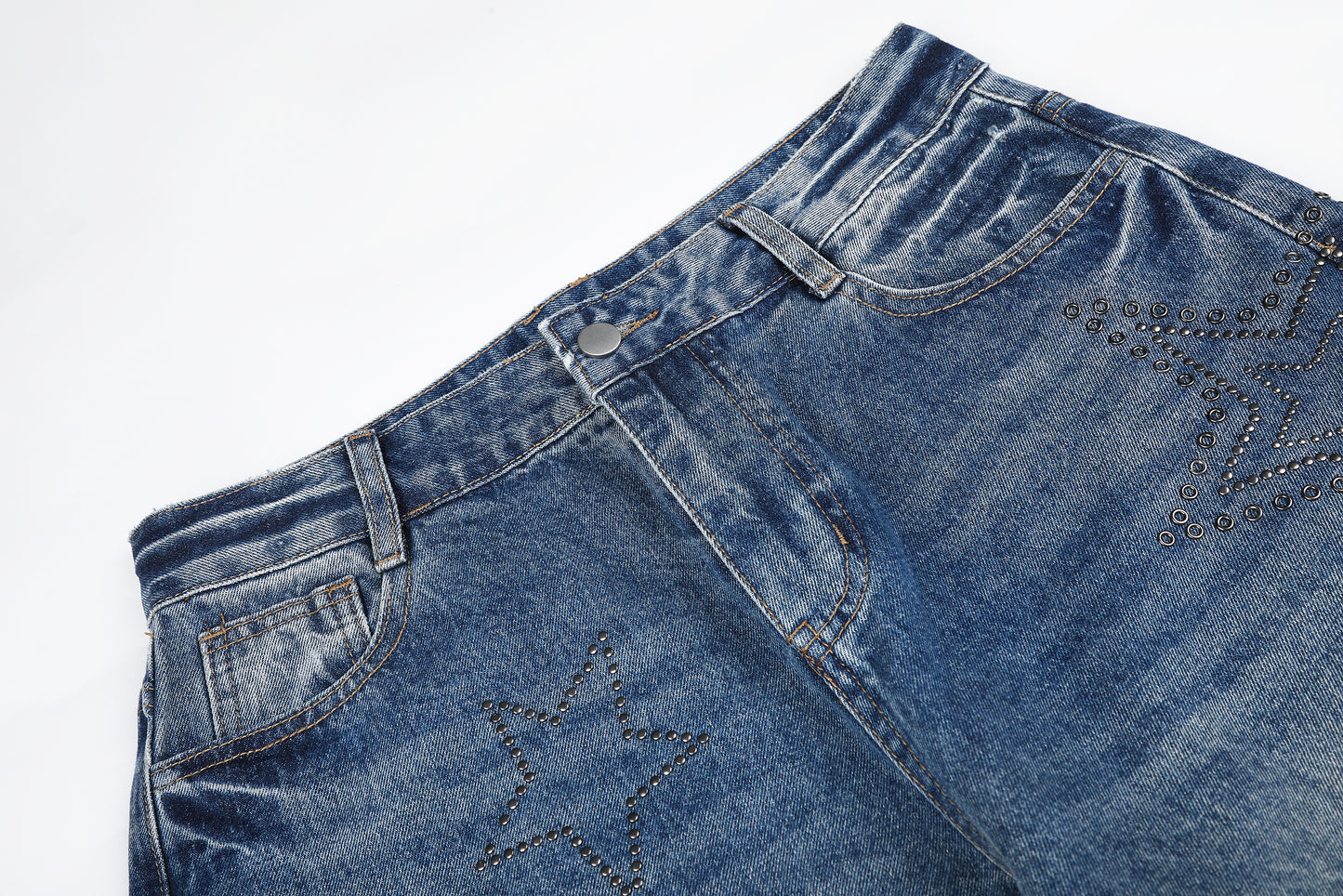 Women's Star Embroidery Rhinestone Distressed Wide Leg Jeans High Waist Ripped Casual Streetwear Denim Pants