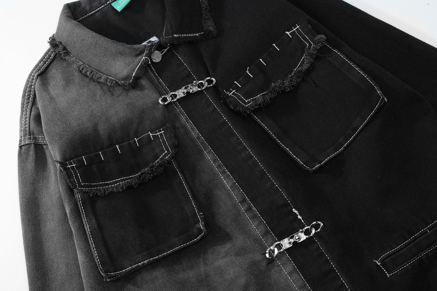 Oversized Two-Tone Denim Jacket Chain Detail Washed Vintage Streetwear Casual Fall Outerwear