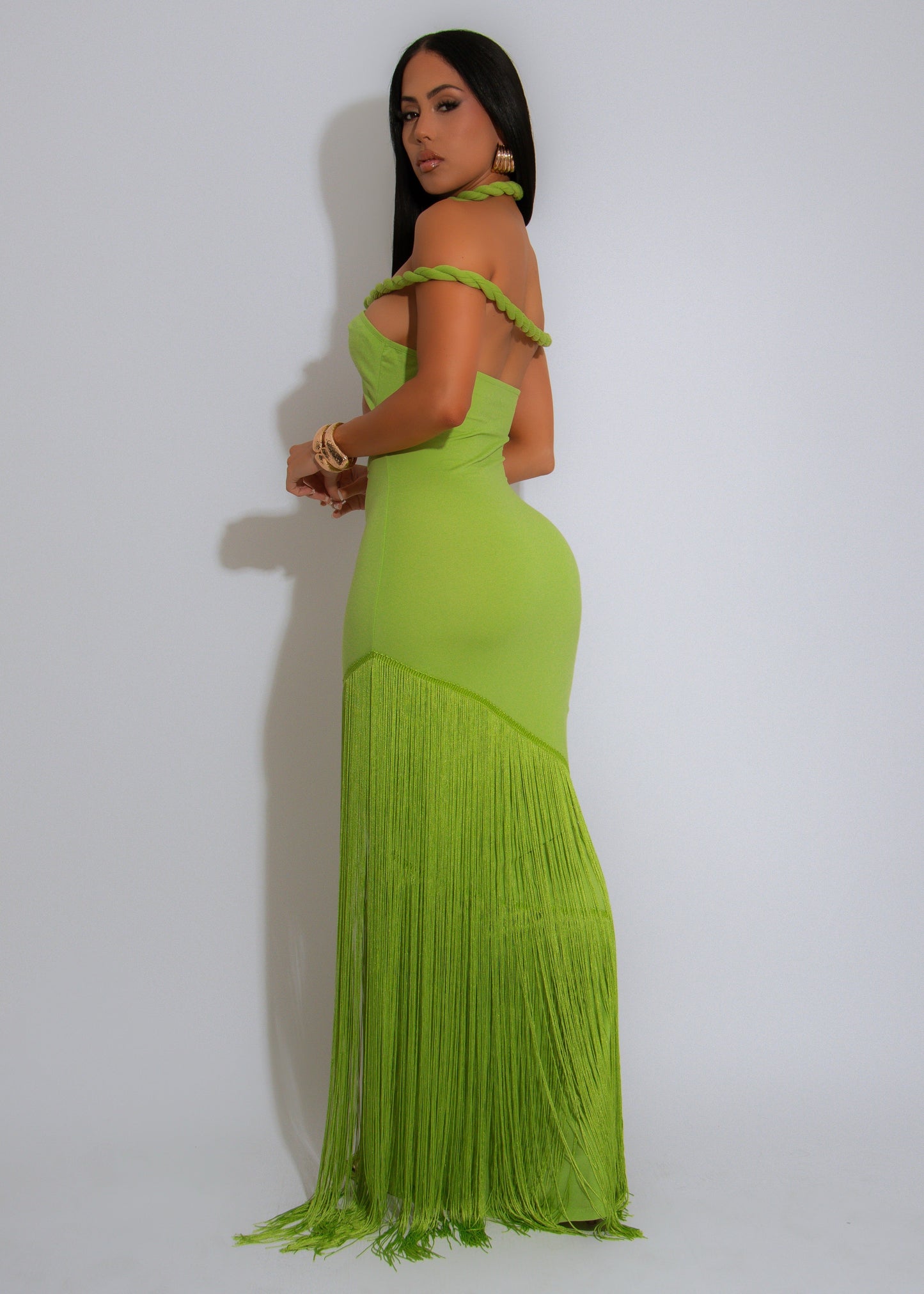 Coastal Rhythm Fringe Maxi Dress Green