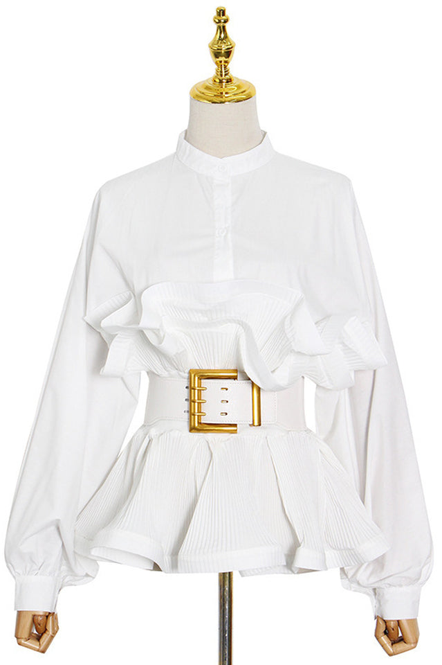 Women's Ruffle Peplum Blouse Belted Puff Sleeve Statement Top - Seldom Seen Styles