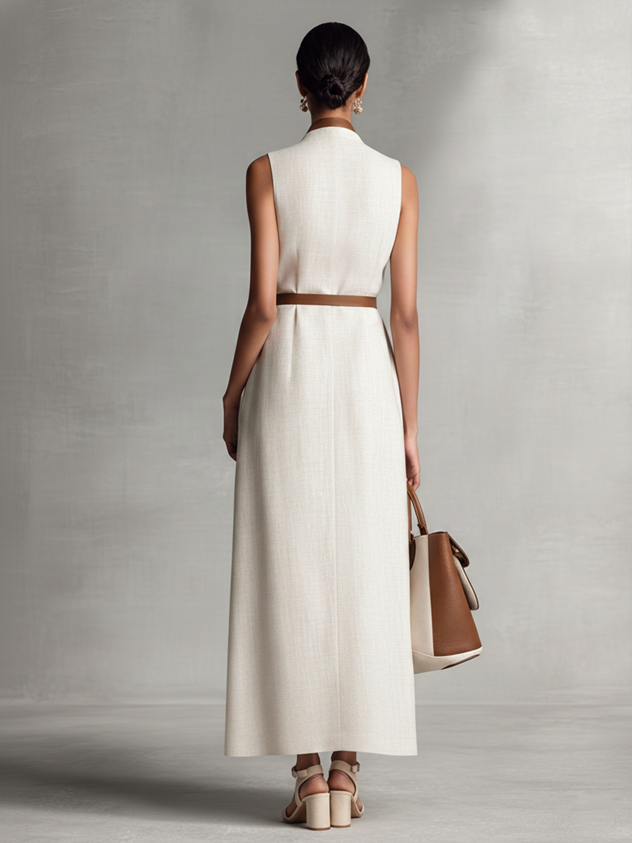Women's Sleeveless V-Neck Tie-Waist Cotton Linen Maxi Dress MDZ1153B7BA - Seldom Seen Styles