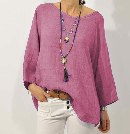 Women's Cotton Linen Blouse Casual Oversized Round Neck Top Loose Fit 3/4 Sleeve Tunic Shirt Boho Style