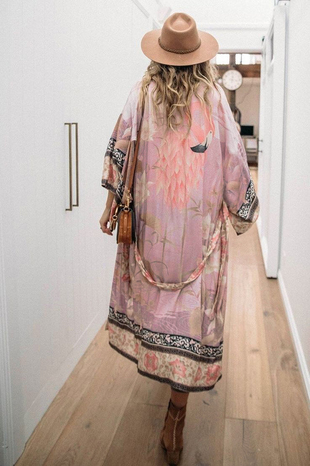 Floral Crane Print Kimono With Belt - Seldom Seen Styles