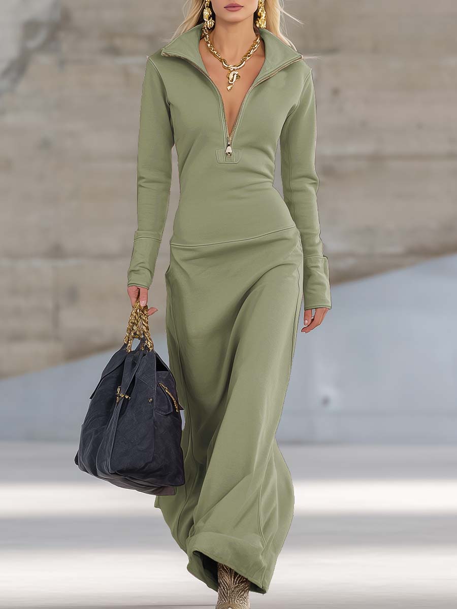 Elegant Retro Sporty V-neck Front Zipper Long-sleeved Pink Maxi Dress - Seldom Seen Styles