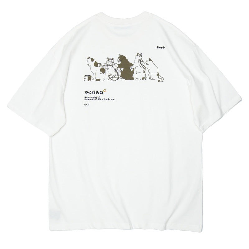 Crew Neck Short Sleeve Japanese Cat Illustration Back Print T-Shirt Loose Oversized Harajuku Casual Couple Summer Top | Meow Row