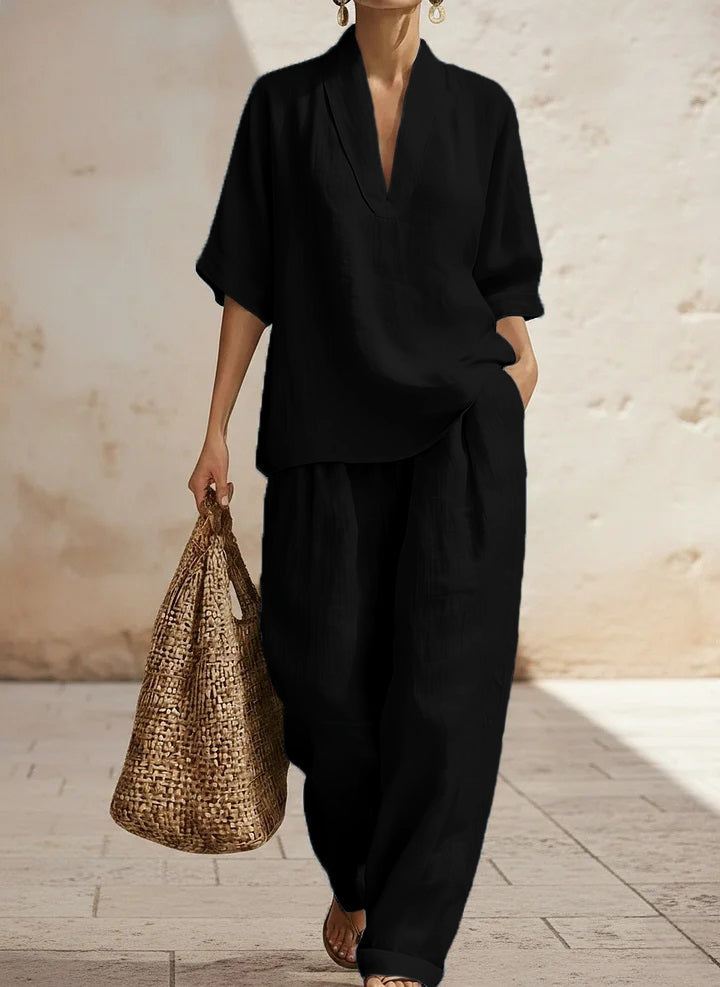 Women's Linen Two Piece Set V Neck Top and Wide Leg Pants Casual Loose Fit Summer Outfit - Seldom Seen Styles