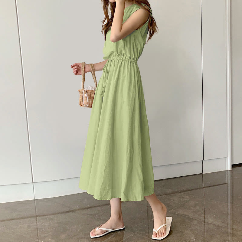 Buddha Stones Casual Eastic Waist Drawstring Design Short Sleeve Cotton Linen Midi Dress - Seldom Seen Styles