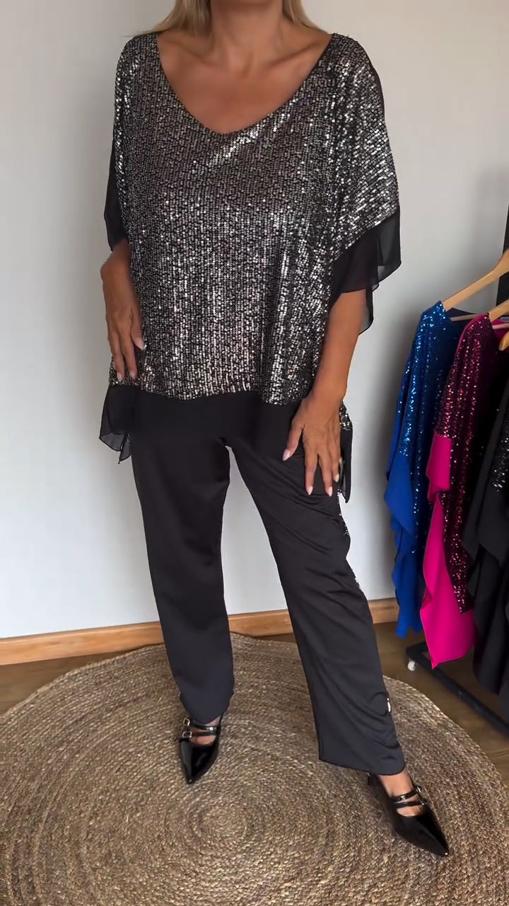 Women's Round Neck Sequined Bat Sleeve Casual Suit - Seldom Seen Styles