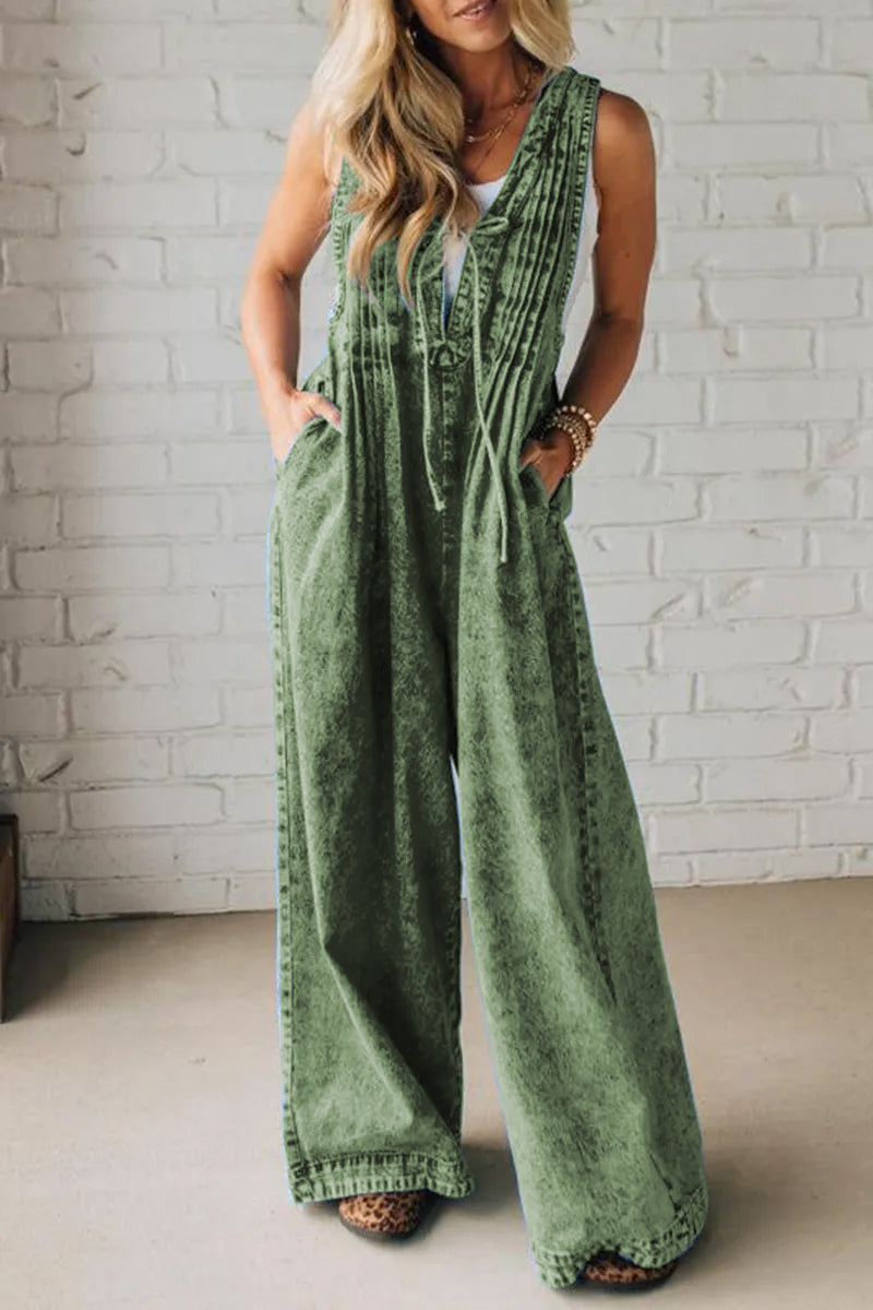 Ladies' Shoulder Strap Hollow Splicing Pleated Casual Jumpsuit - Seldom Seen Styles