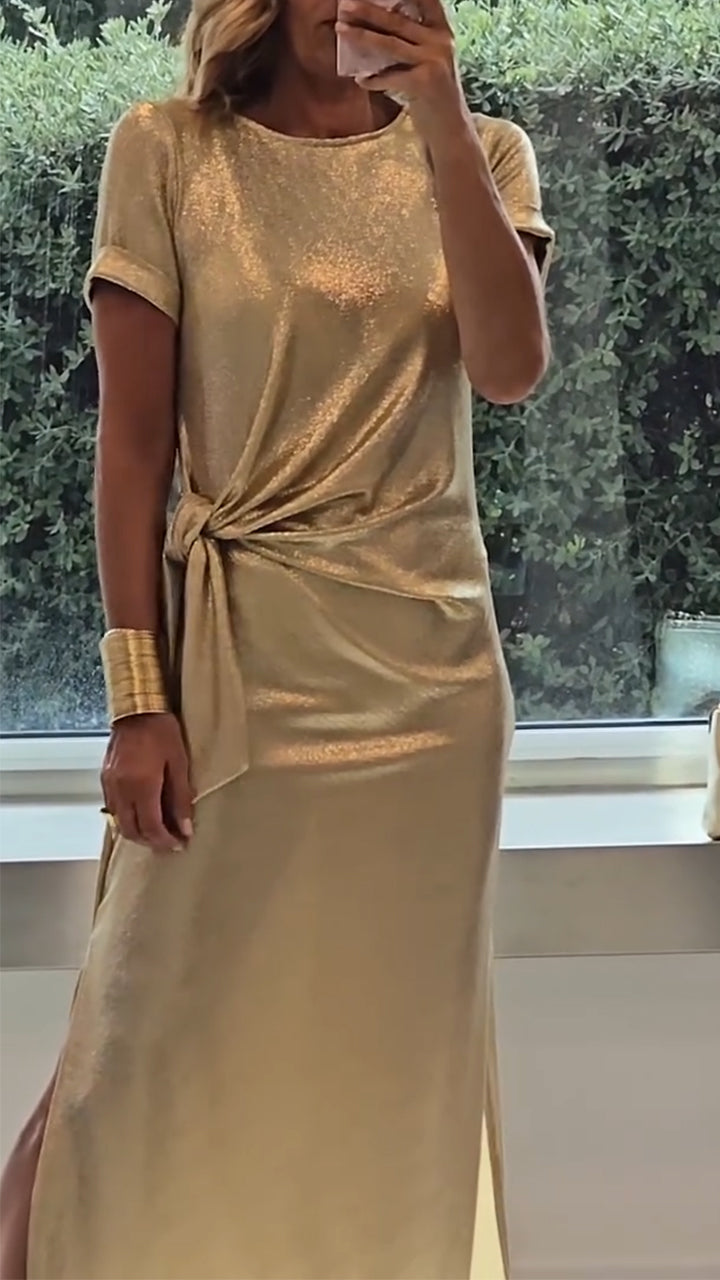 Ladies Round Neck Pleated Slit Temperament Casual Dress - Seldom Seen Styles