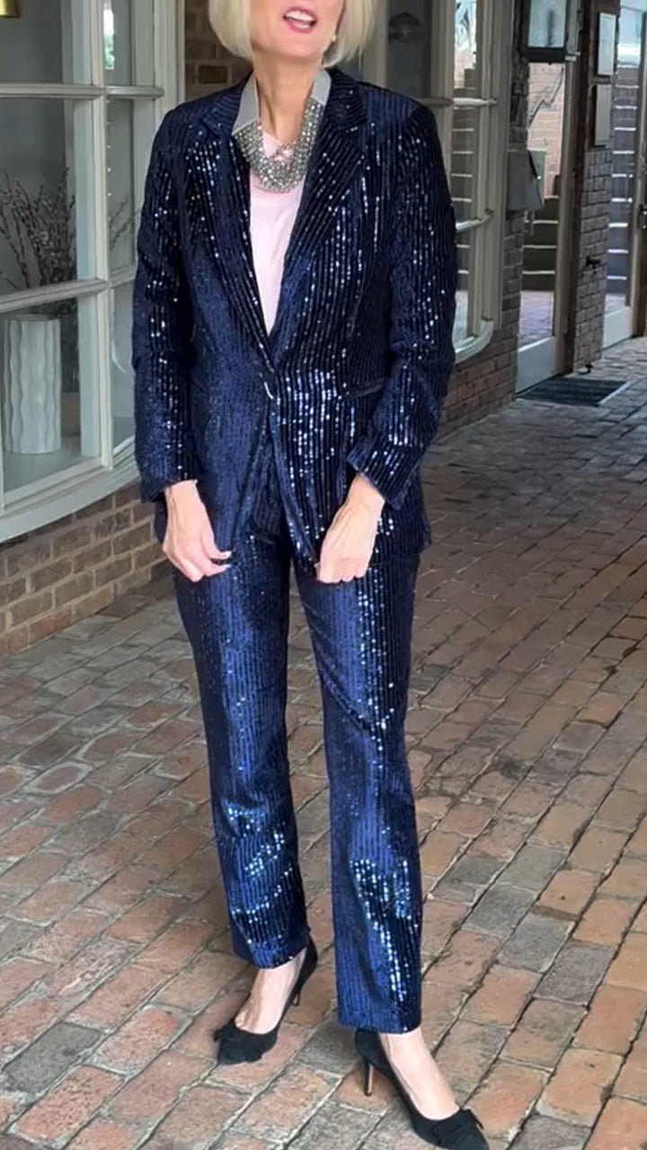 Women Lapel Sequined Jacket + Pants Commuter Temperament Suit - Seldom Seen Styles