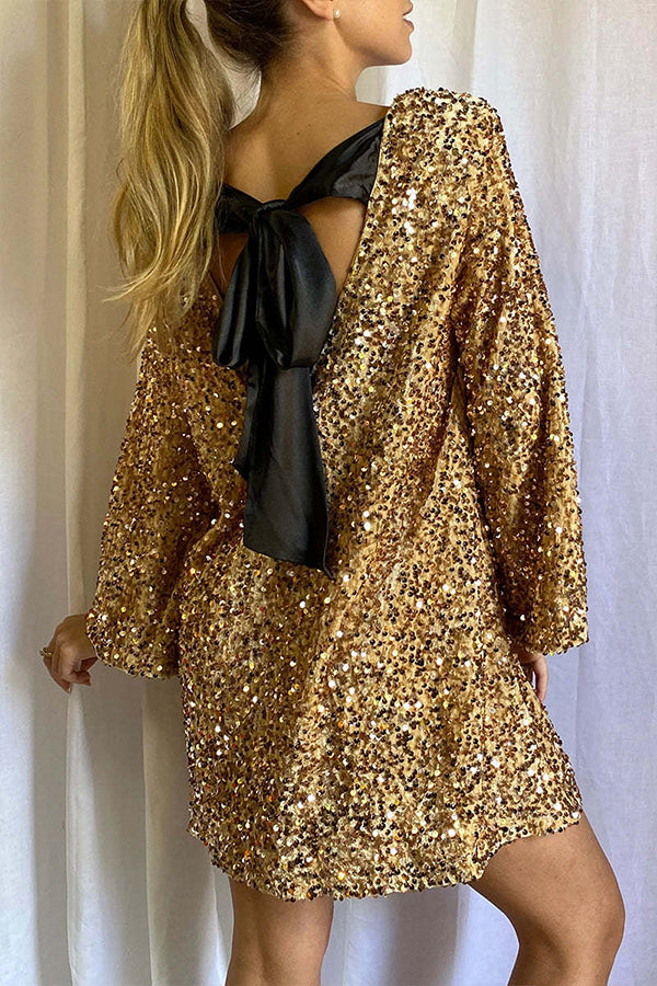 Women's Sequined Dress Petersham Ribbon Long Sleeve Party Night Out Club Festival Dresses - Seldom Seen Styles