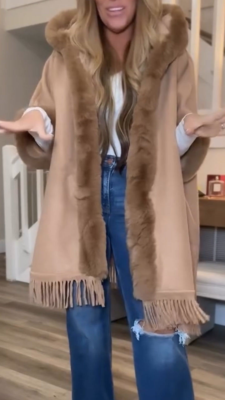 Women Fine Knit Open Front Faux Fur Trim Layers Poncho Cape Cardigan Sweater - Seldom Seen Styles