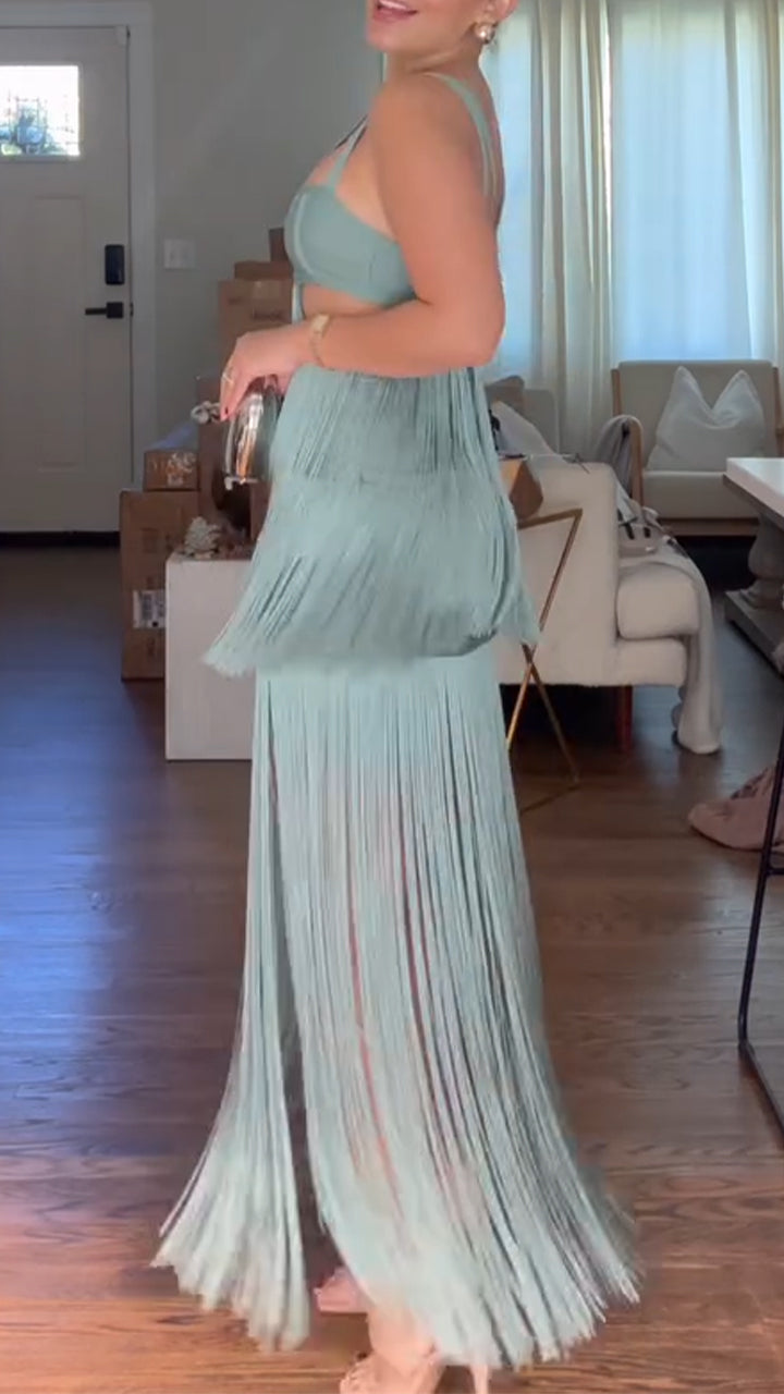 Women Suspender Hollow Stitching Tassel Solid Color Elegant Temperament Evening Party Dress - Seldom Seen Styles