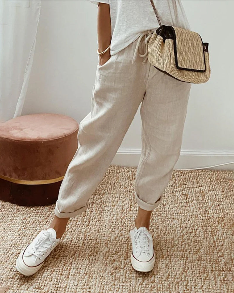 Womens Tapered Pants Cotton Linen Drawstring Back Elastic Waist Pants Casual Trousers with Pockets - Seldom Seen Styles