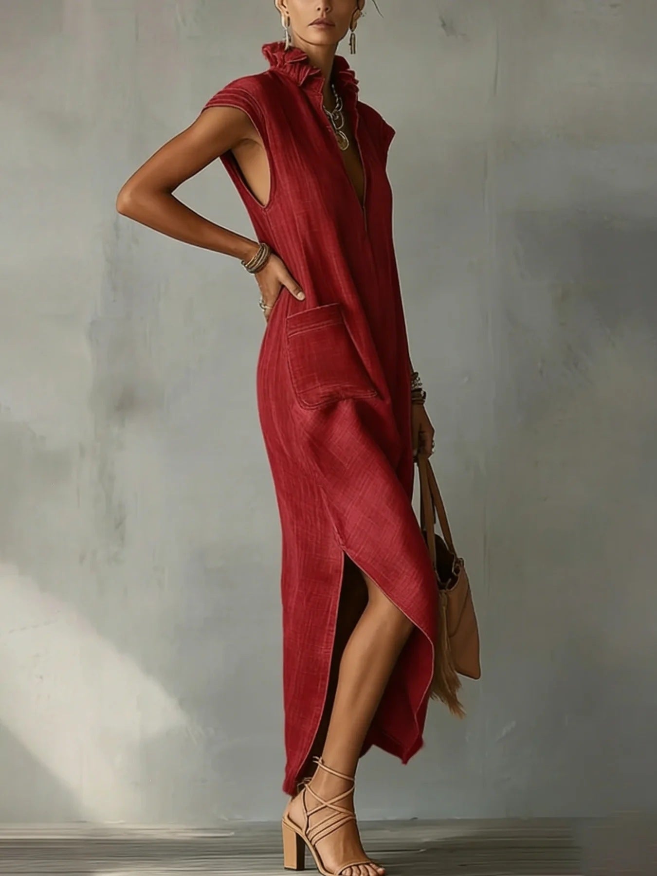 Women's Maxi Dress V Neck Loose Fit Sleeveless Ruffle Casual Summer Beach Dress - Seldom Seen Styles