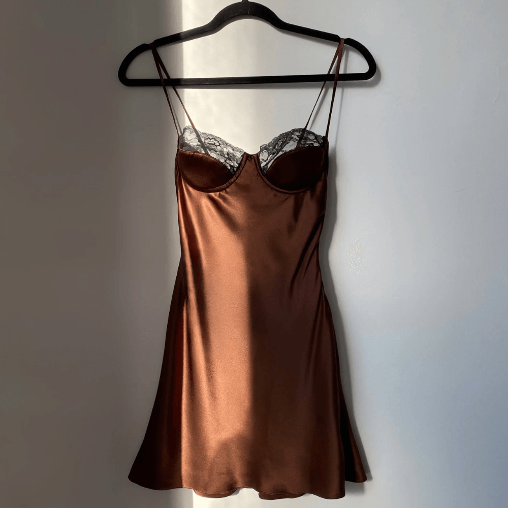 Women's Satin Lace Trim Mini Dress Spaghetti Strap Silk Slip Night Out Party Dress - Seldom Seen Styles