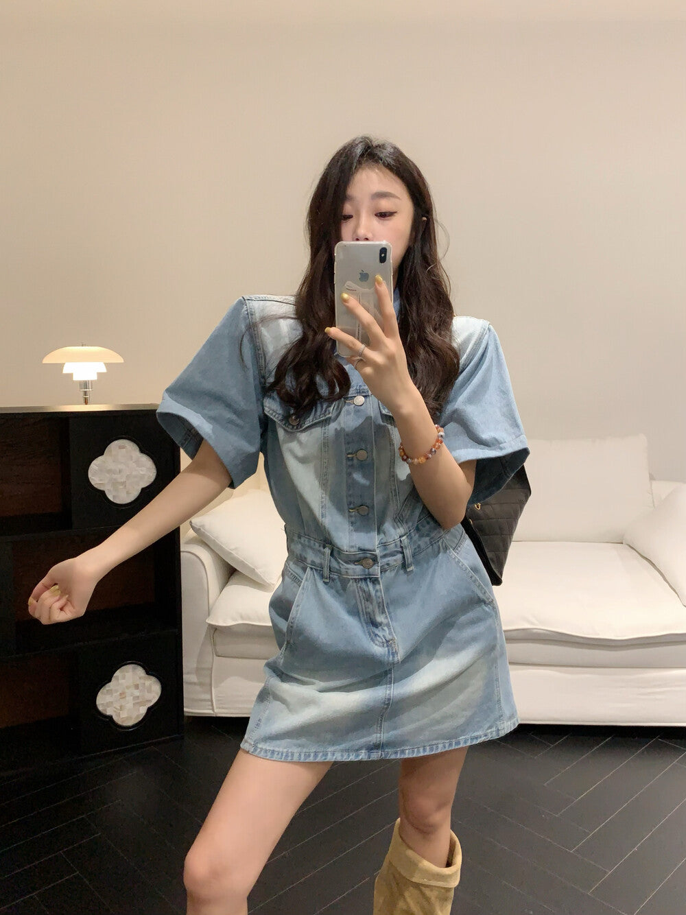 Women's Light Blue Washed Denim Short Sleeve Lapel Collar Silver Button Mini Dress Waist Cinching Dual Chest Pockets Side Pockets S M - Seldom Seen Styles
