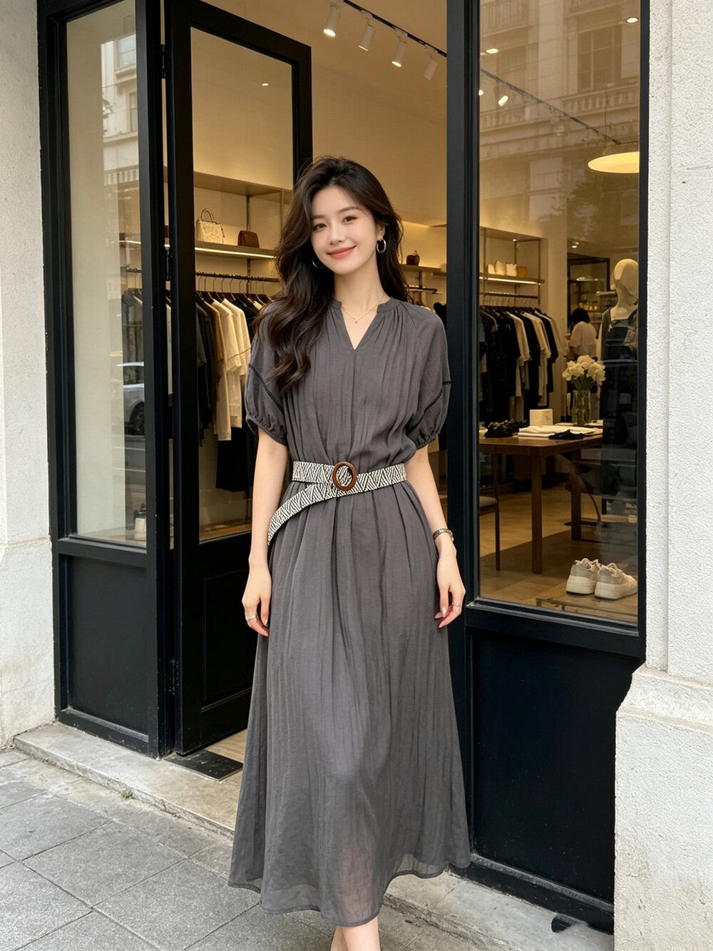 V-Neck Puff Sleeve Loose Flowy Maxi Dress with Woven Belt Included Crinkle Texture Elegant Casual Summer Dress White Dark Grey - Seldom Seen Styles