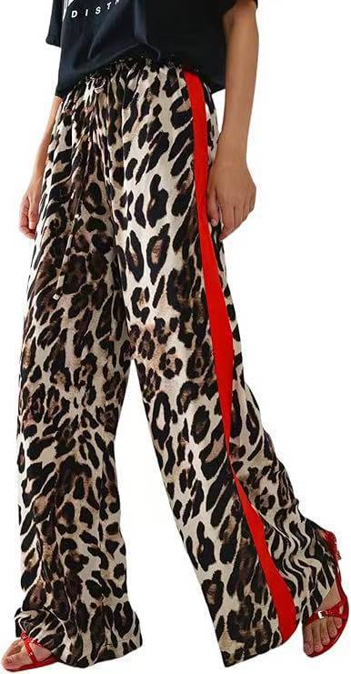 Women's Casual Pants Drawstring Leopard Print Color Block Side Striped Straight Leg Wide Leg Loose Pants - Seldom Seen Styles