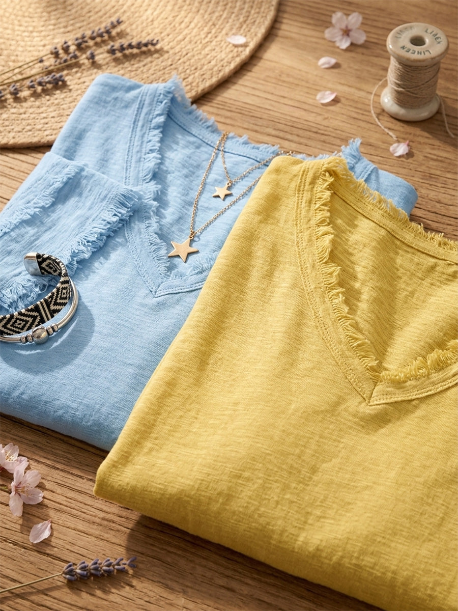 Women's Vintage Frayed V-Neck Linen Cotton Short Sleeve Top Casual Boho Summer Beach Vacation Outfit