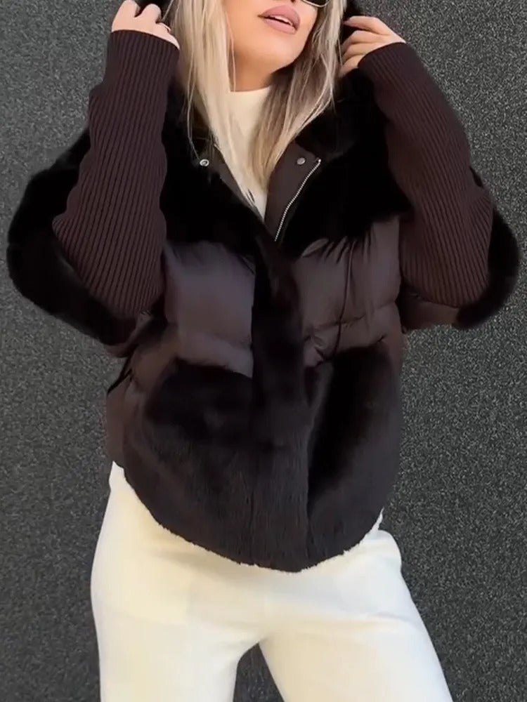 Women Hooded Plush Patchwork Casual Coat - Seldom Seen Styles