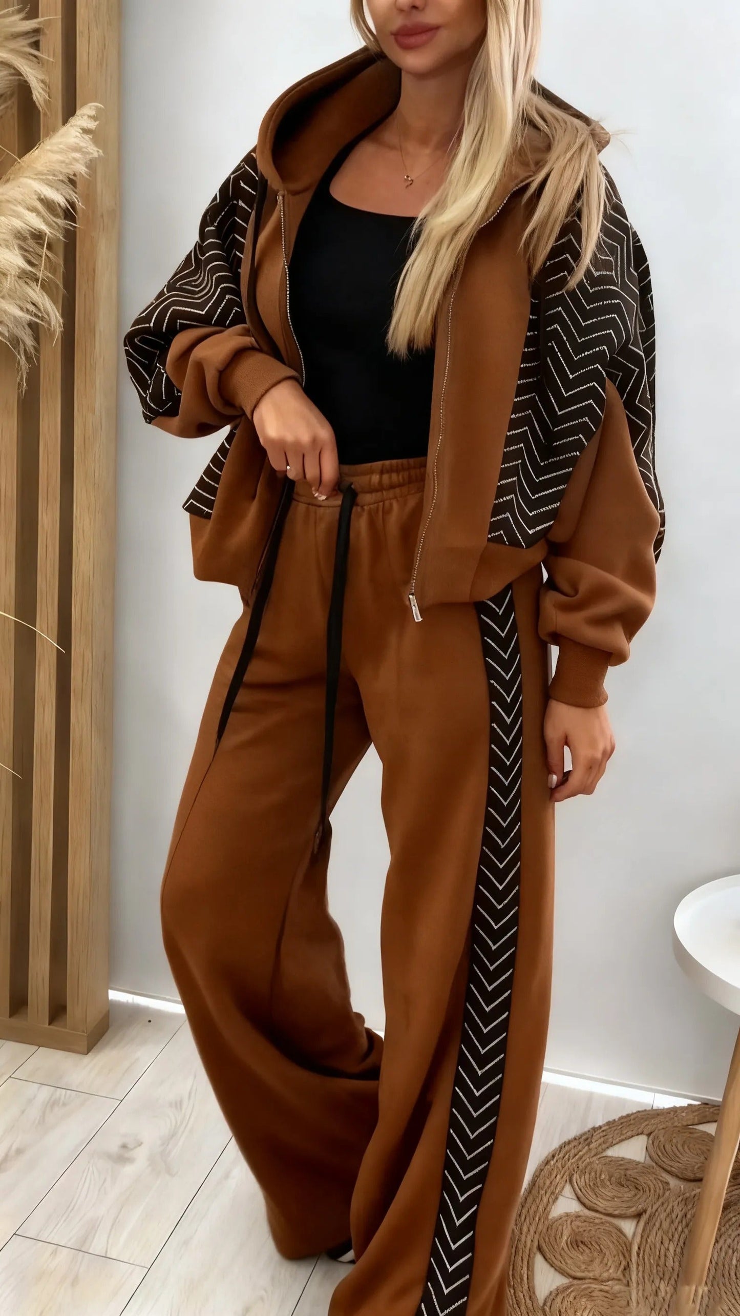 Women Hooded Spliced Jacket + Pants Casual Set - Seldom Seen Styles