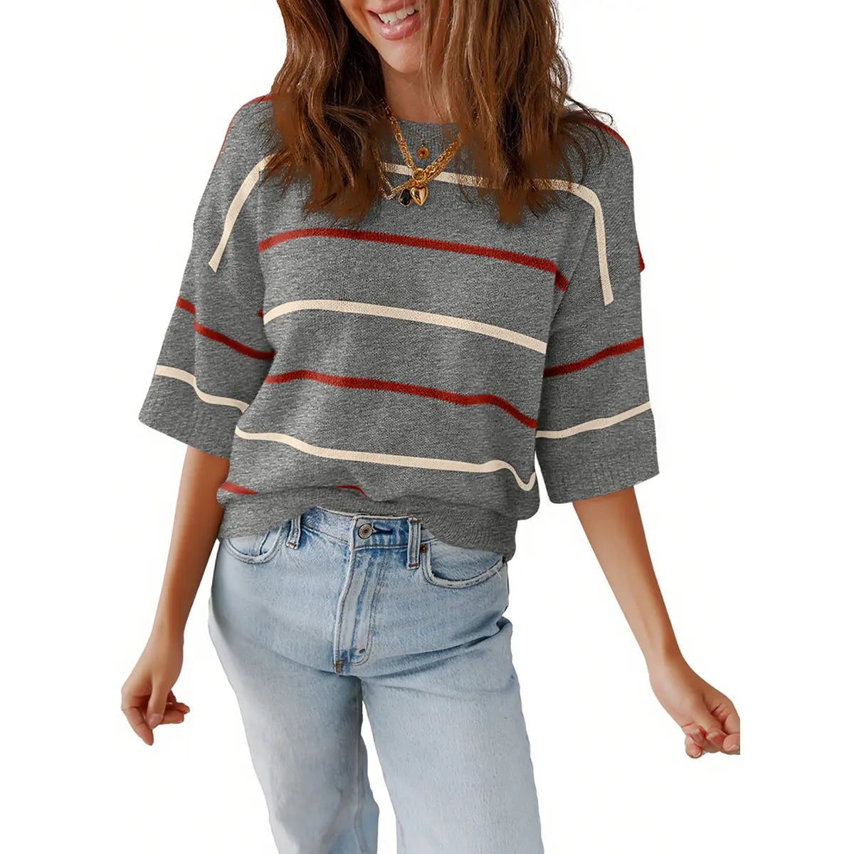 Shewin 2026 SummerVibes Women's Shortsleeve Round Neck Striped Pullover - Soft Breathable Polyester Sweatshirt, Chic Casual Fit, Ladies' Clothing for Daily Wear - Seldom Seen Styles