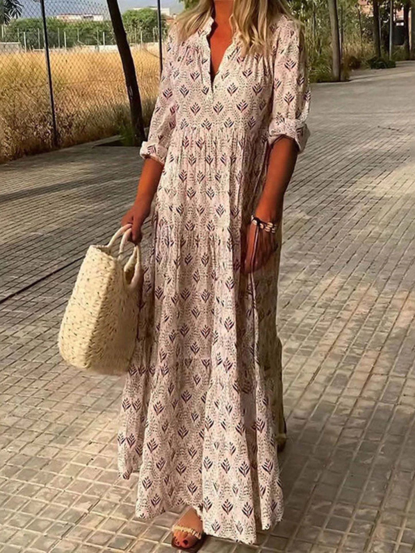 Lila Linen Blend Loose Floral V-Neck Long Sleeve Maxi Dress - Seldom Seen Styles