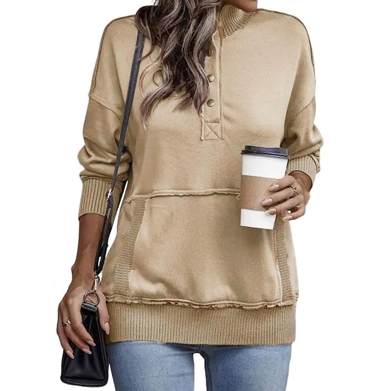 2025 Women's Fall Pullover Mockneck Button Down Ribbed Fit Lightweight Cozy Oversized Long Sleeve Sweatshirt Kangaroo Pocket for Everyday Wear - Seldom Seen Styles