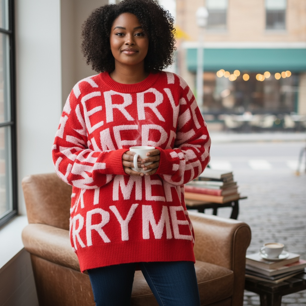 Holiday Merry Sweater, Festive Red Christmas Thick Cozy Oversized Knit - Seldom Seen Styles