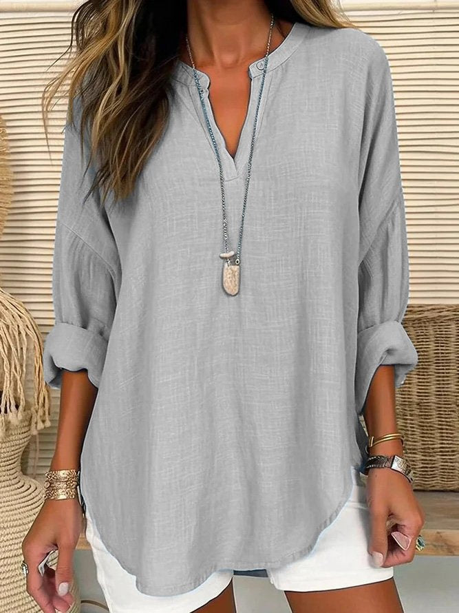 V Neck Long Sleeve Plain Regular Loose Shirt For Women - Seldom Seen Styles