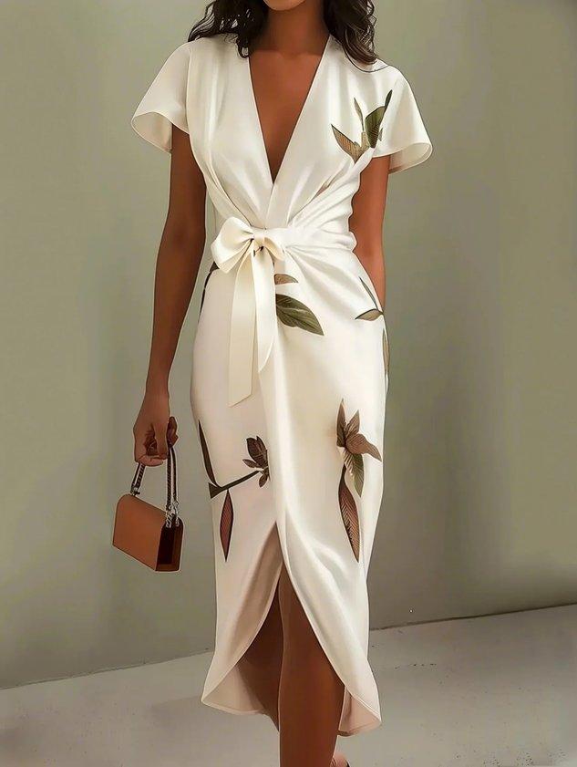 White Leaf Short Sleeve Satin Wrap Sheath Midi Dress - Seldom Seen Styles