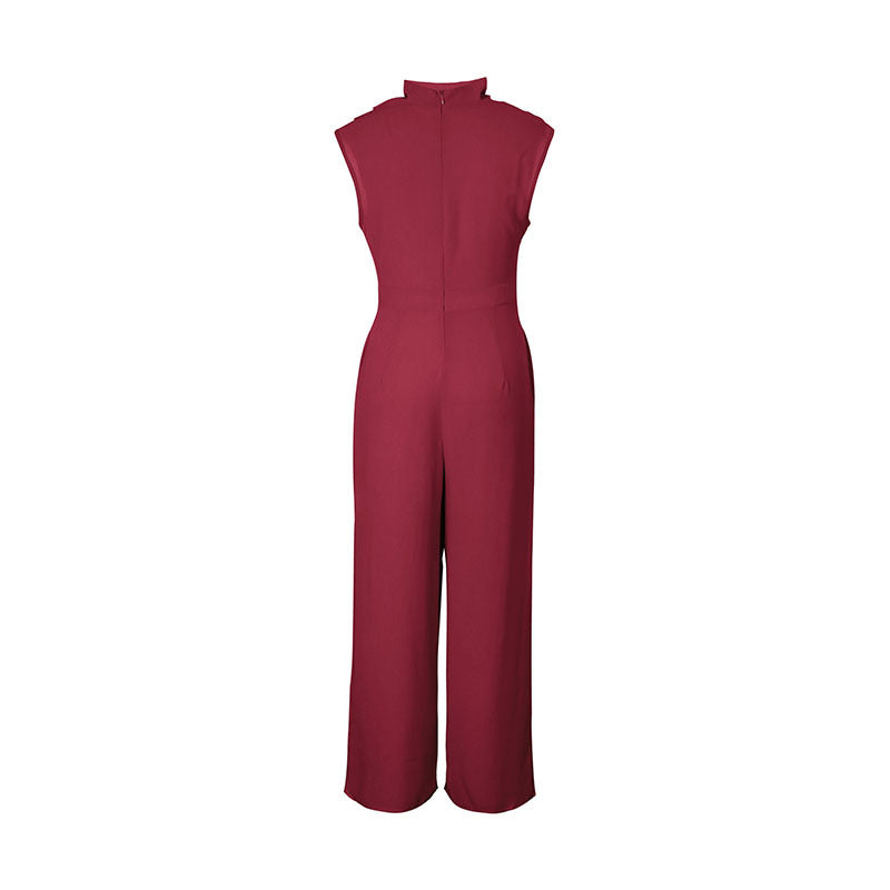 Damen Jumpsuit mit weitem Bein, einfarbig, gerüscht, ärmellos, hoher Halsausschnitt, drapierter Reißverschluss vorne hinten, Spielanzug-Overall, elegant
