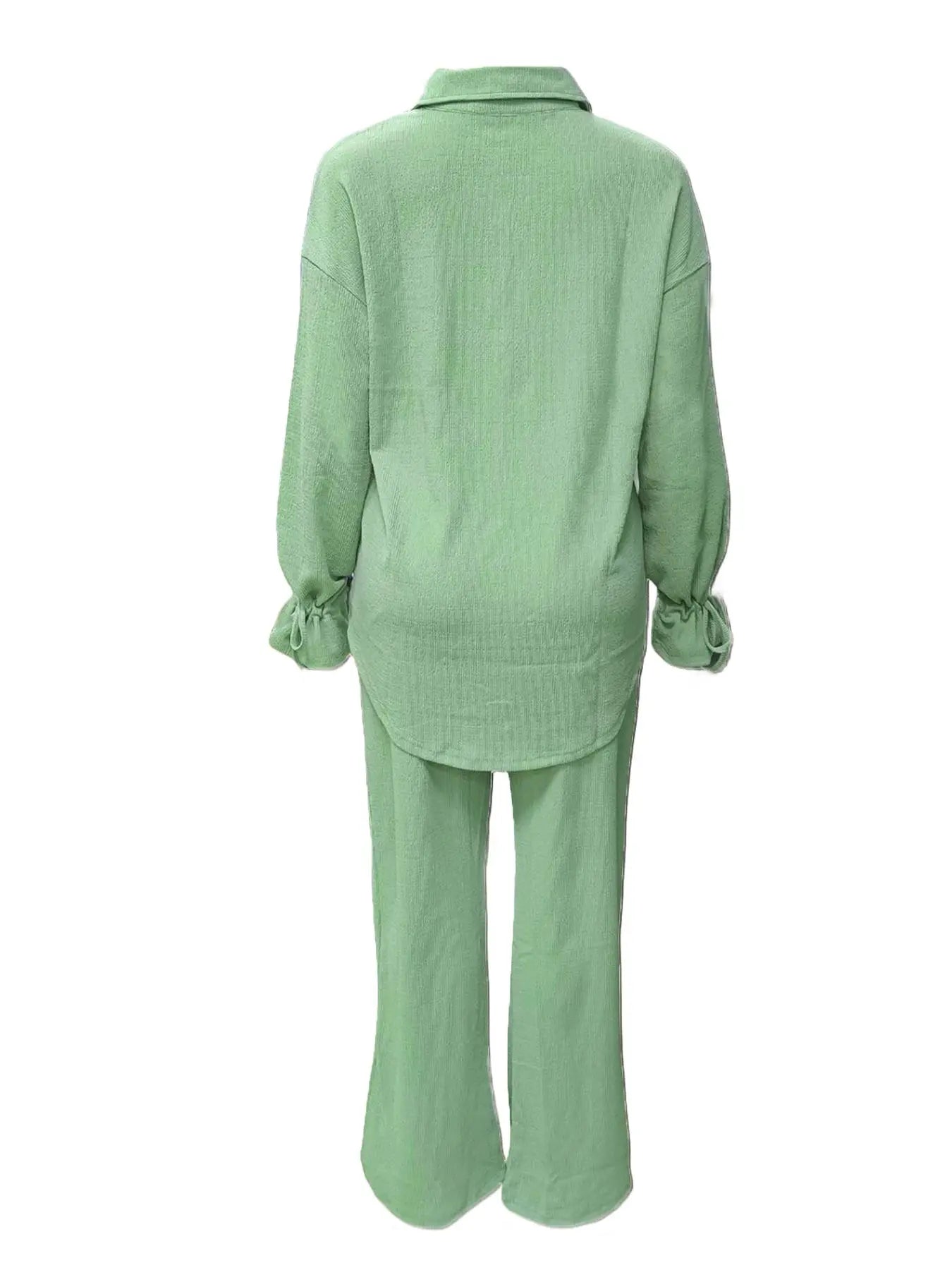 Women's Plain Button Front Pants 2 Piece Sets, Back To School Outfits, Casual Basic Breathable Comfortable Soft Drawstring Longsleeves Cuff Blouse & Split Wide Leg Pants, Fall Clothing for Women Fall Daily Wear, Two Piece Set Women, Suits - Seldom Seen Styles