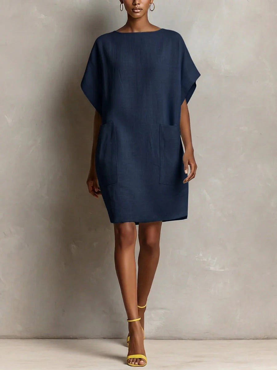 Women's Linen Blend Shift Dress Loose Fit Midi Dress with Pockets Casual Summer Vacation Outfit - Seldom Seen Styles