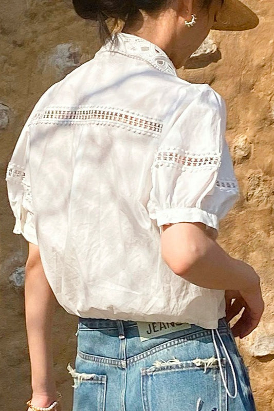 Chic Stripe Lace Puff Sleeve Blouse - Seldom Seen Styles