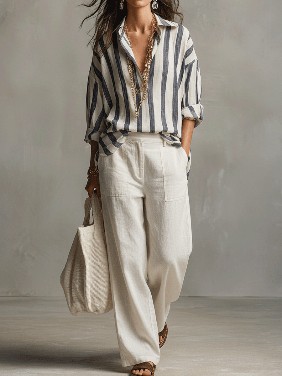 Casual Striped Cotton And Linen Long-Sleeved Shirt - Seldom Seen Styles